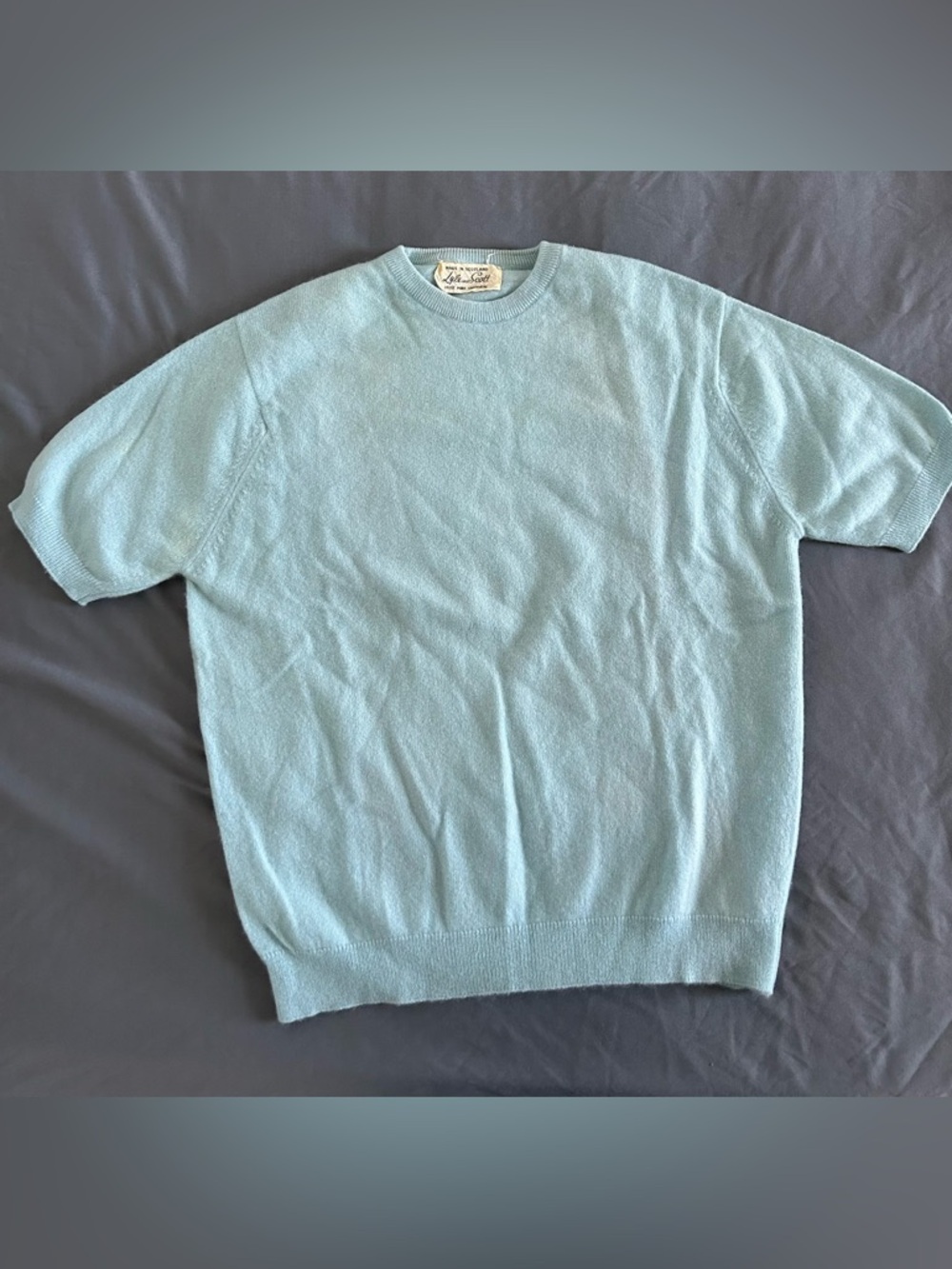 Vintage 100% Cashmere Lyle And Scott Blue Short Sleeve Sweater Made in Scotland